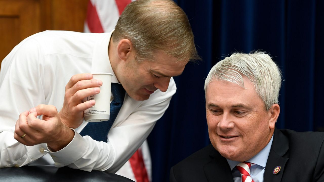 Now-House Judiciary Committee Chair Jim Jordan, R-Ohio, and Now-House Oversight Committee Chair James Comer, R-Ky., speak before a committee hearing in July 2019. (AP Photo/Susan Walsh)