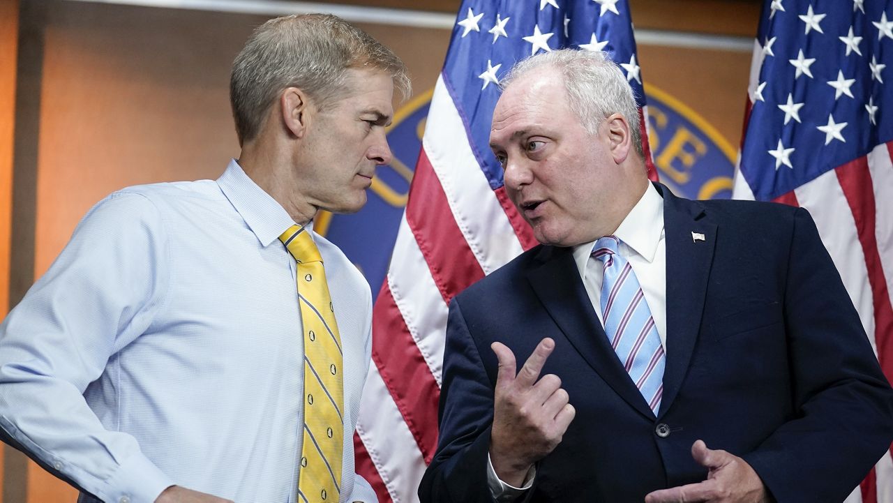 Reps. Jim Jordan of Ohio, left, and Steve Scalise of Louisiana (AP Photo/J. Scott Applewhite, File)