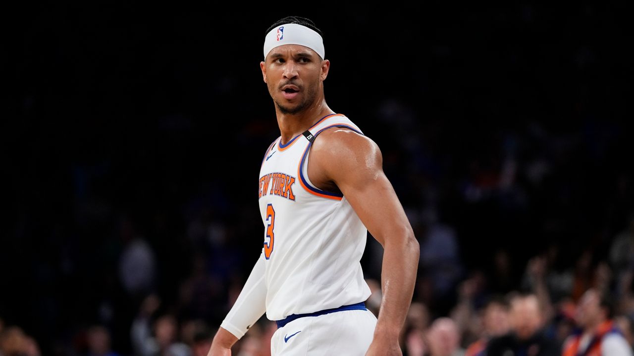 Josh Hart poses during Game 3 against the Cleveland Cavaliers on Friday, April 21, 2023 in New York.