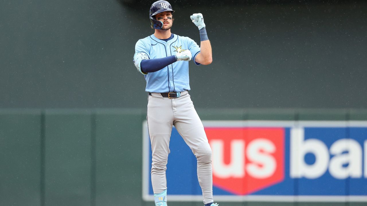 Tampa Bay's Josh Lowe celebrates his double against the Minnesota Twins on Thursday, June 20, 2024, in Minneapolis. (AP Photo/Matt Krohn)