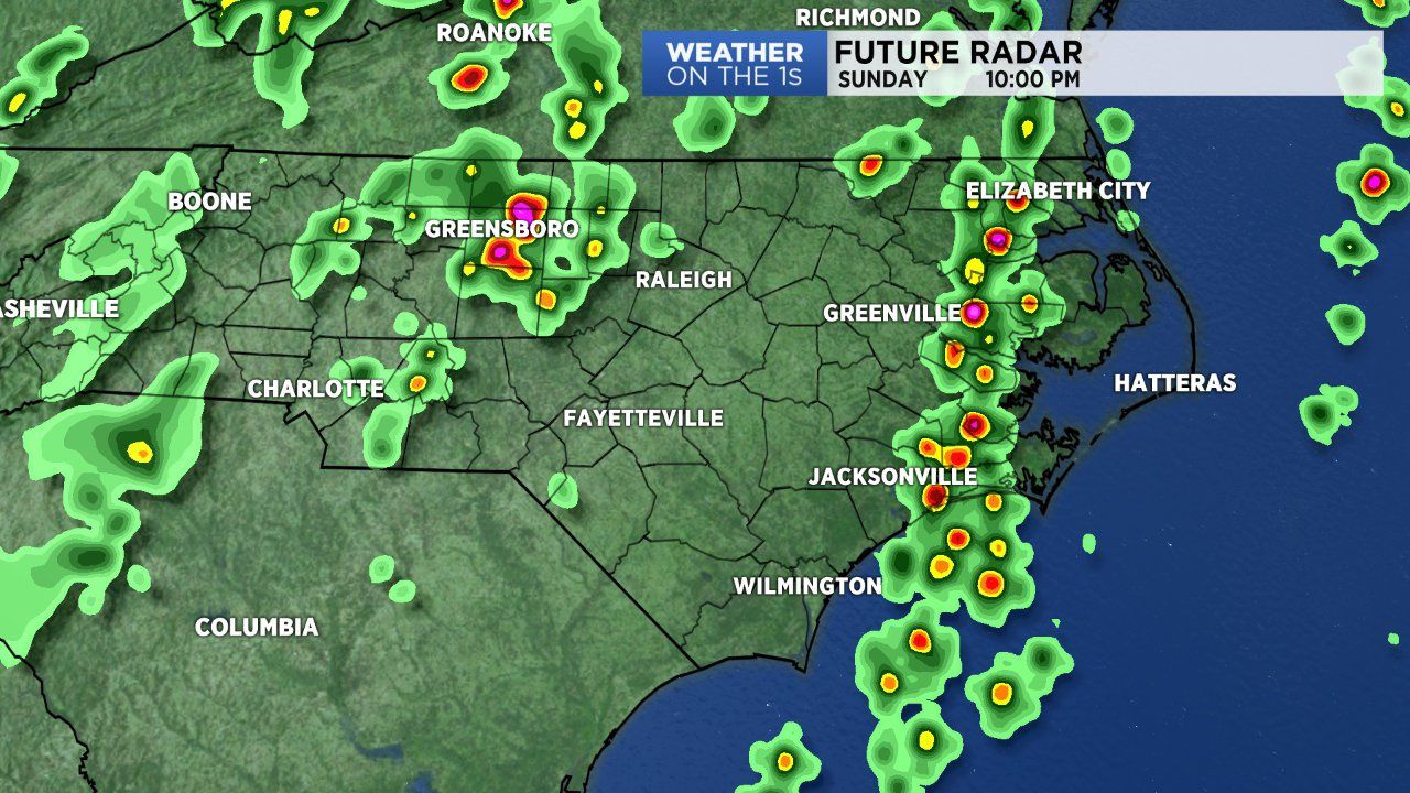 A few Sunday afternoon storms will try to hang on late into the night.