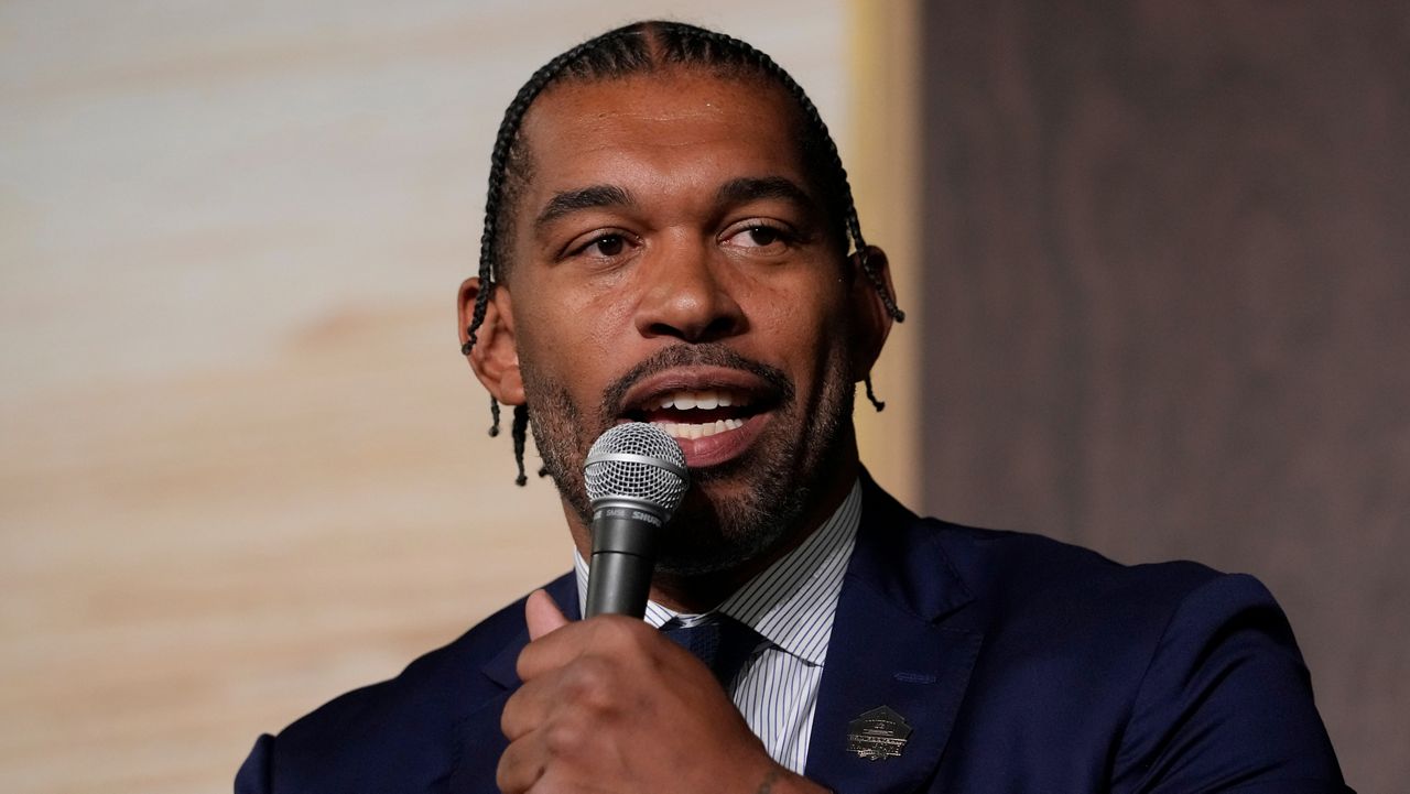 Julius Peppers, NFL Hall of Fame Class of 2024, speaks during a news conference at the NFL Honors award show Thursday, Feb. 8, 2024, in Las Vegas. (AP Photo/Godofredo A. Vásquez)
