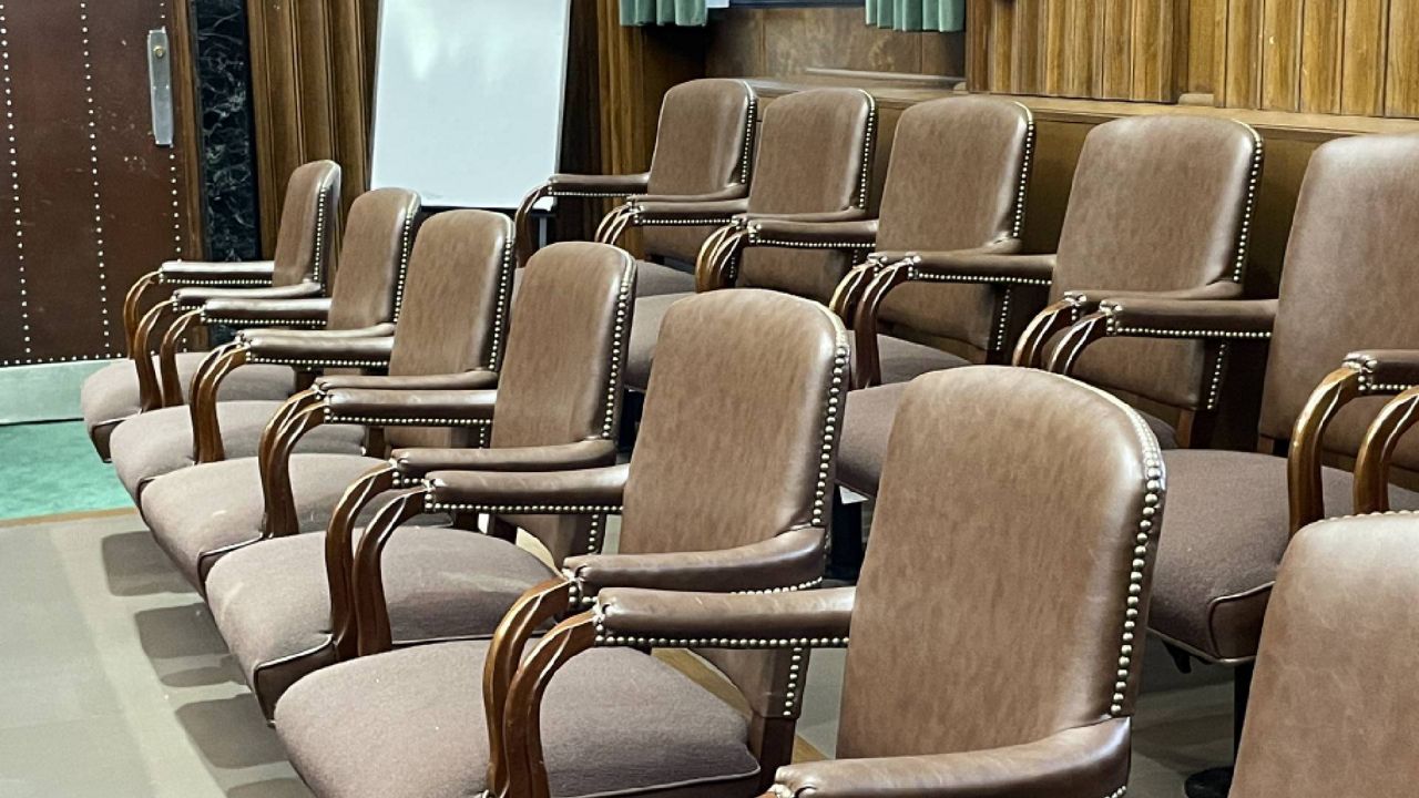 An empty jury box in a St. Louis circuit courtroom on May 30, 2023. 