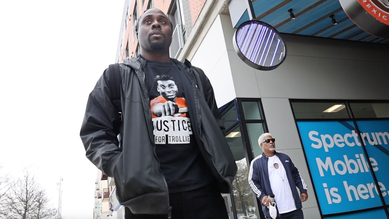 Tardrick Fowler Sr. wears a "Justice For Trollie" shirt in this image from February 2021. (Lakisha Lemons/Spectrum News 1)