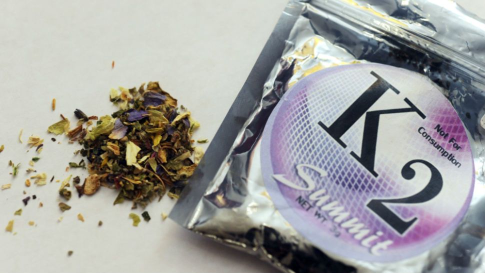 This photo shows a package of K2 which contains herbs and spices sprayed with a synthetic compound chemically similar to THC, the psychoactive ingredient in marijuana. (AP Photo/Kelley McCall)