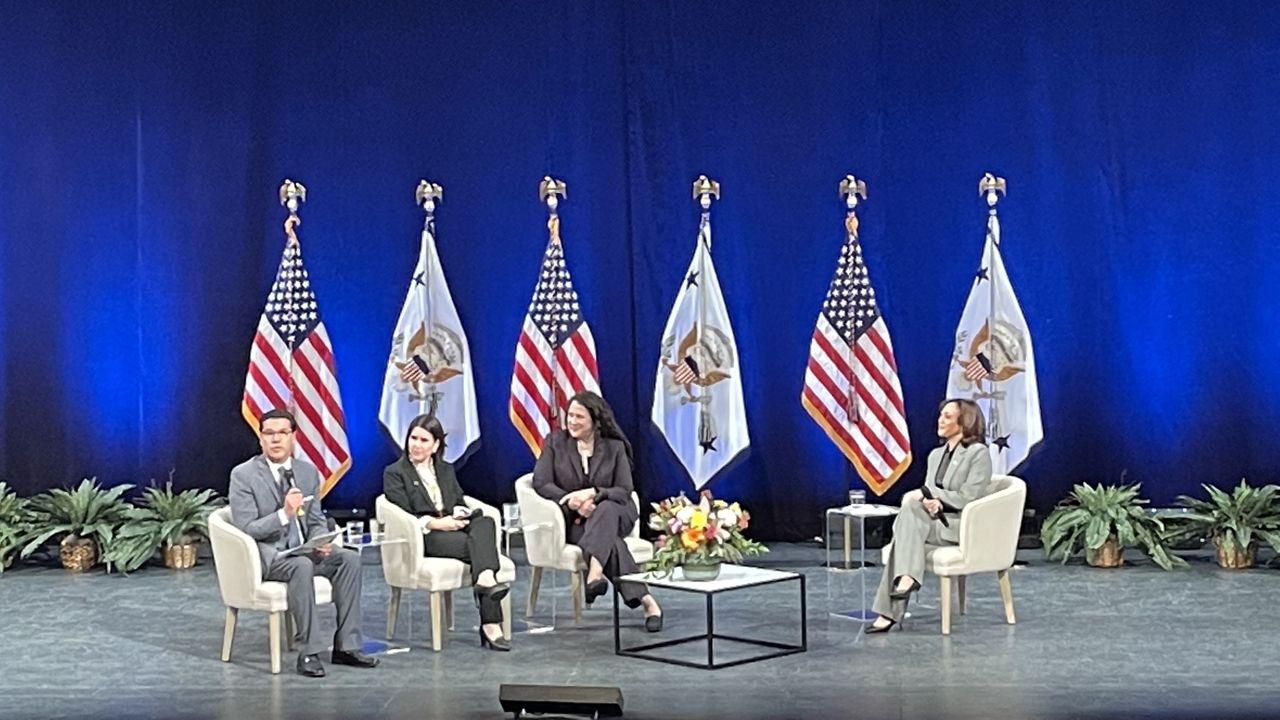 Vice President Kamala Harris joined Isabella Guzman, head of the Small Business Administration, and Vicky Garcia, with the Latino Credit Union, in Raleigh Monday to talk about the Community Development Financial Institution Fund and other programs. Univision's Jorge Buzo hosted the discussion. (Jordan Reynolds/Spectrum News 1)