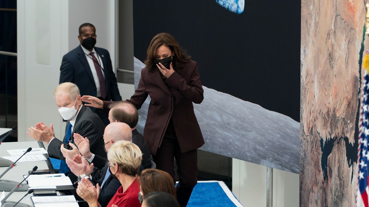 Vice President Kamala Harris spoke at a National Space Council meeting on Dec. 1, 2021. (AP/Jacquelyn Martin)