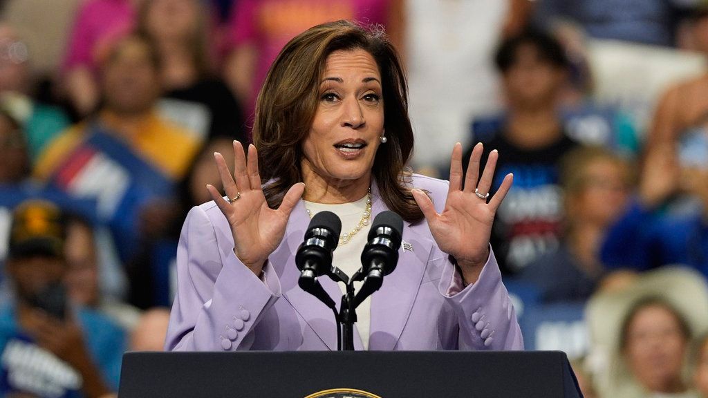 Democratic presidential nominee Vice President Kamala Harris speaks at a campaign rally, Saturday, Aug. 10, 2024, in Las Vegas. (AP Photo/Julia Nikhinson)