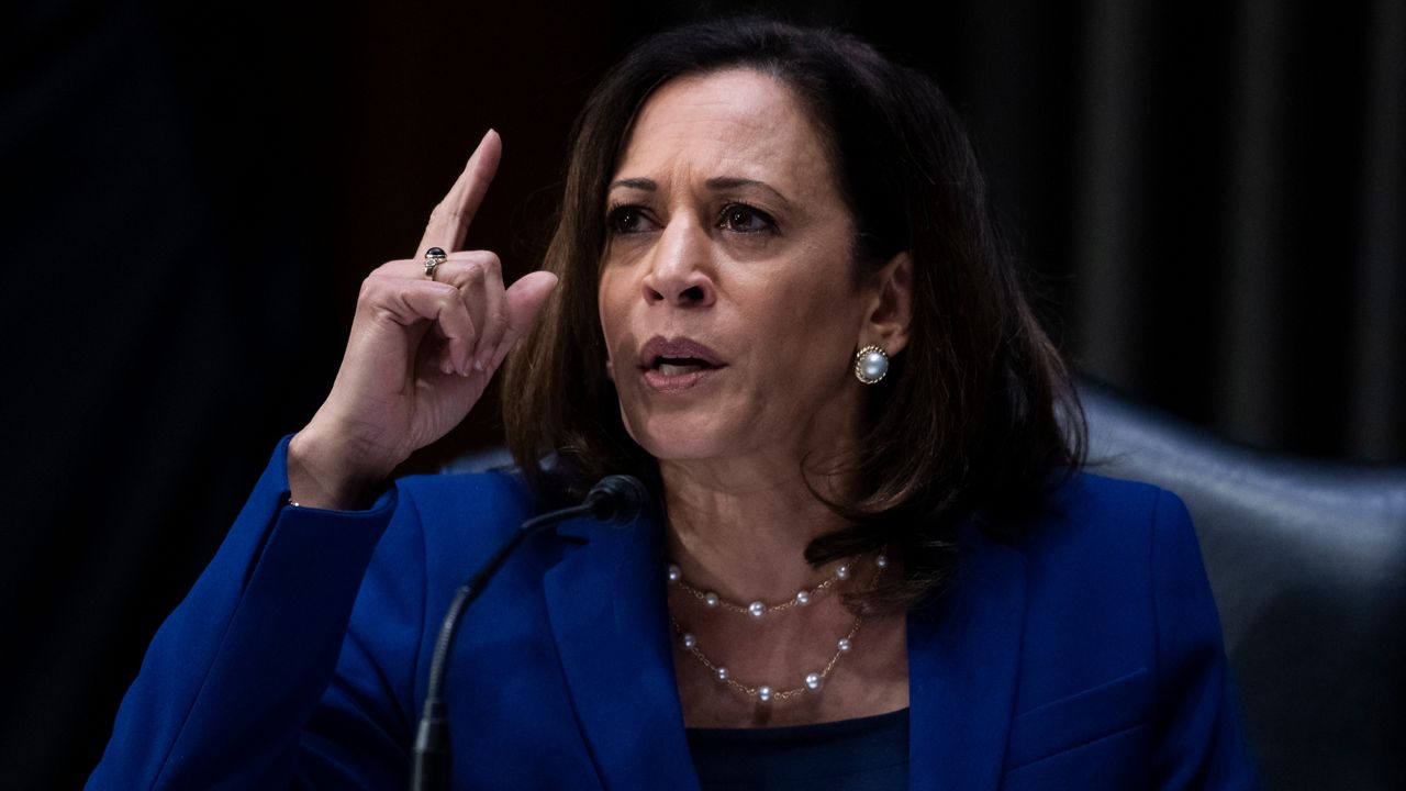 Sen. Kamala Harris, D-Calif., asks a question during a Senate Judiciary Committee hearing on police use of force and community relations on on Capitol Hill, Tuesday, June 16, 2020 in Washington. (Tom Williams/CQ Roll Call/Pool via AP)
