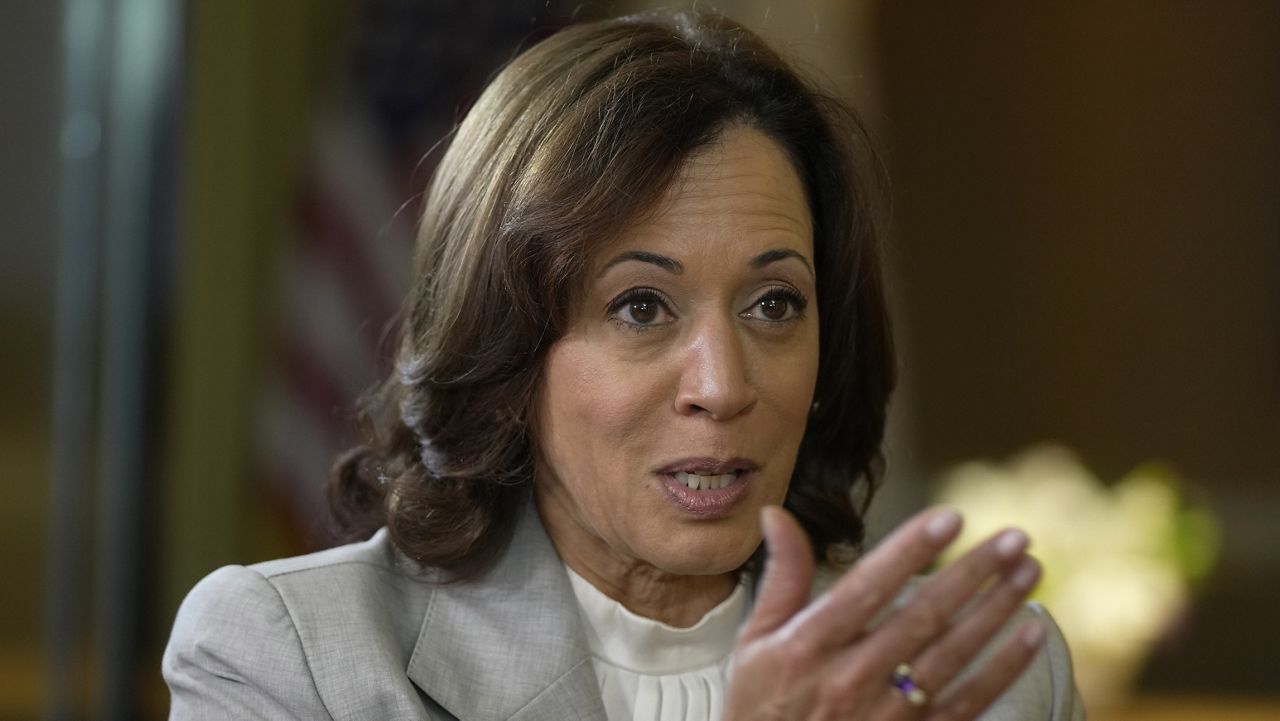 Vice President Kamala Harris gestures Wednesday as she speaks during an interview with The Associated Press. (AP Photo/Dita Alangkara)