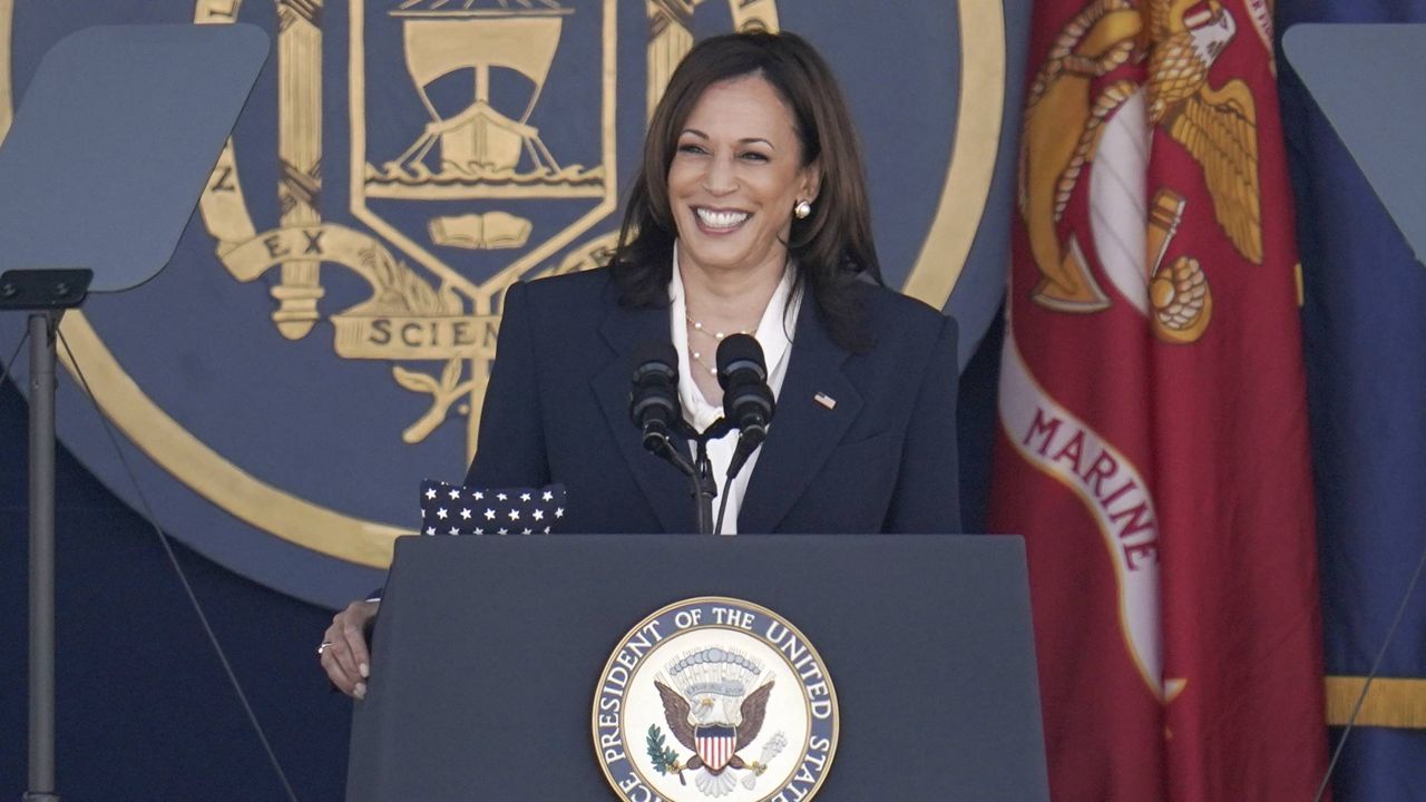 Vice President Kamala Harris speaks at the graduation and commission ceremony at the U.S. Naval Academy in Annapolis, Md., on Friday. (AP Photo/Julio Cortez)