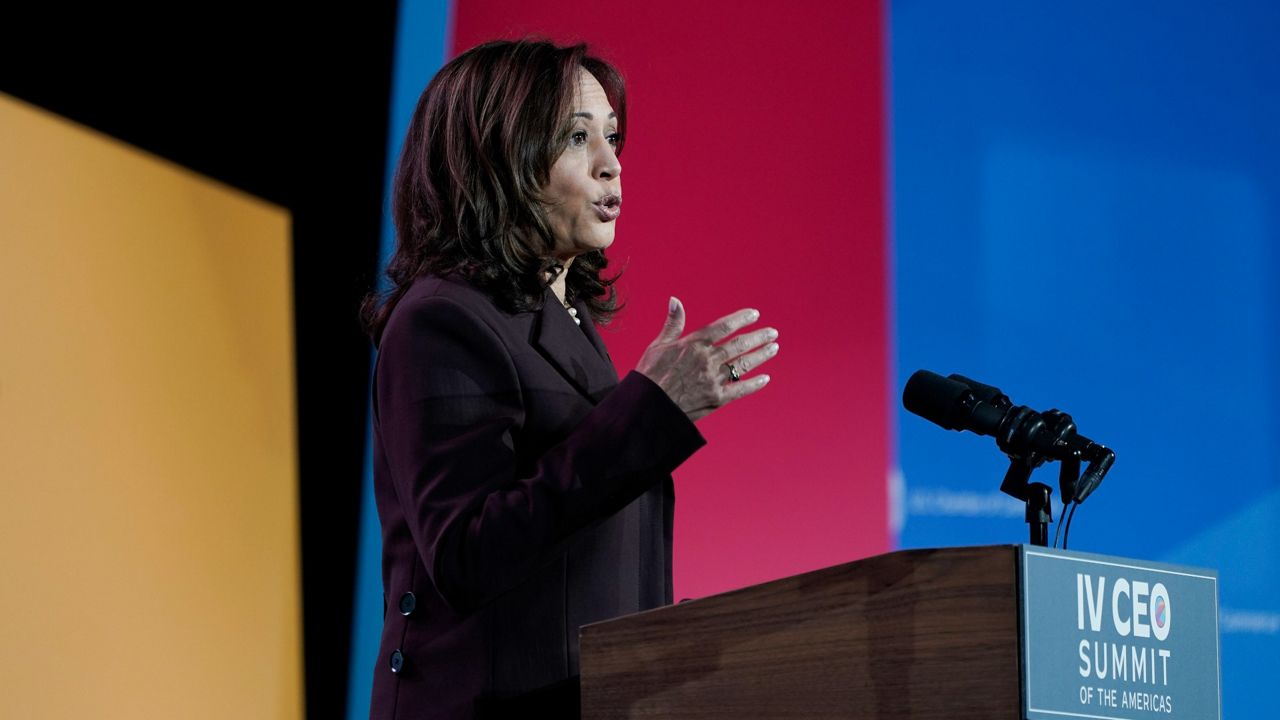 Vice President Kamala Harris speaks Wednesday at the CEO Summit in Los Angeles. (AP Photo/Jae C. Hong)