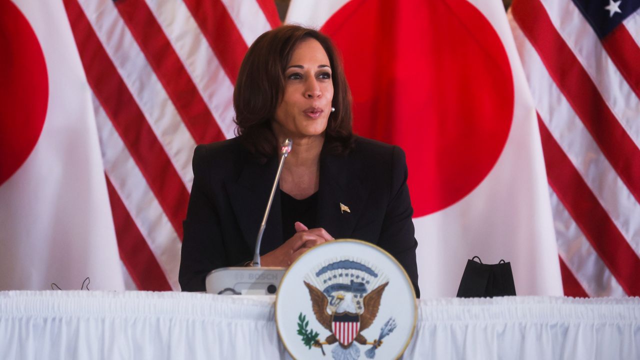 Vice President Kamala Harris hosts a roundtable discussion Wednesday with Japanese business executives from companies in the semiconductor industry in Tokyo. (Leah Millis/Pool Photo via AP)