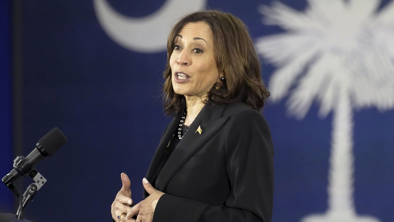 Vice President Kamala Harris gives remarks on broadband internet expansion Monday at Benedict College in Columbia, S.C. (AP Photo/Meg Kinnard)