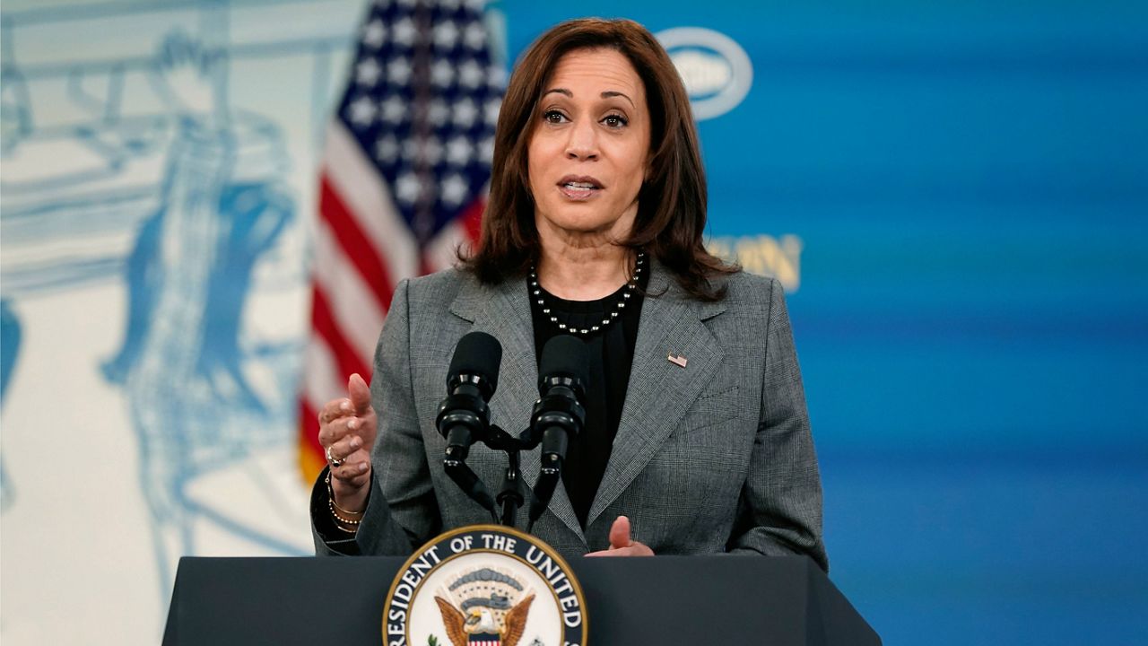 Vice President Kamala Harris delivers remarks Tuesday encouraging Americans to take advantage of tax credits in the South Court Auditorium on the White House campus. (AP Photo/Patrick Semansky)