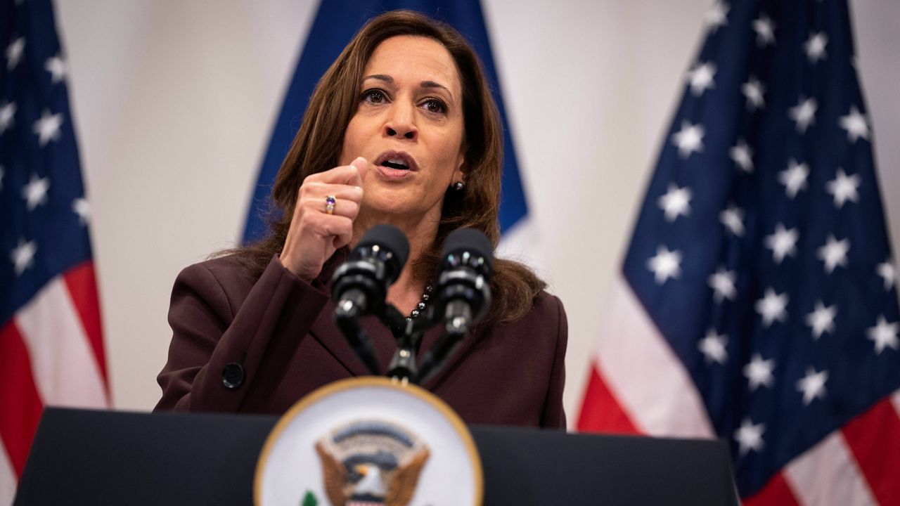 Vice President Kamala Harris briefs French and American reporters at the Intercontinental Paris Le Grand Hotel in Paris on Friday. (Sarahbeth Maney/The New York Times via AP, Pool)