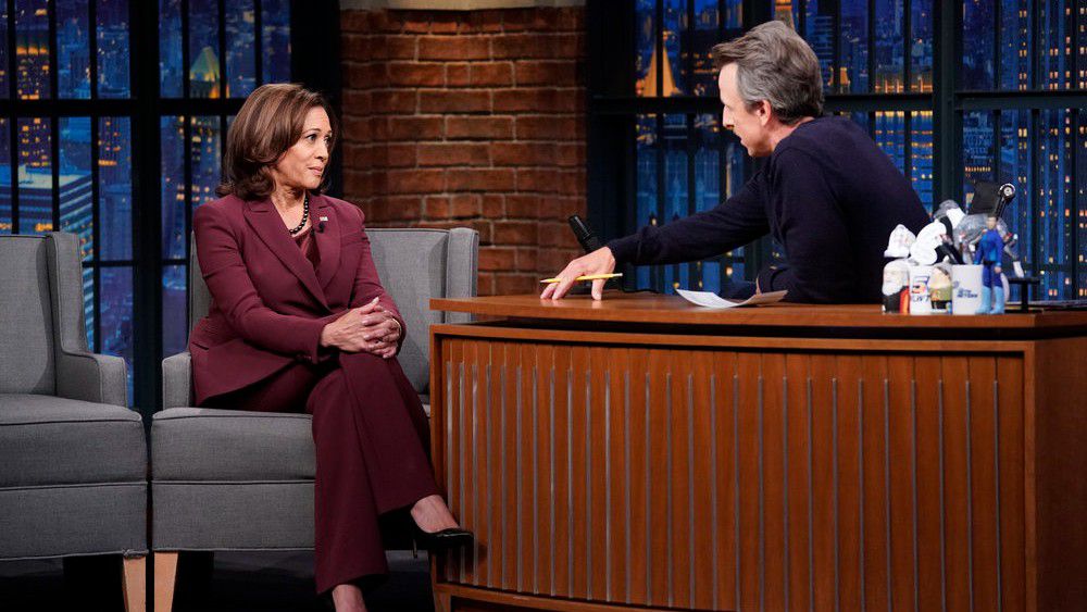 Vice President Kamala Harris speaks with Seth Meyers Monday during an appearance on "Late Night With Seth Meyers." (Photo by: Lloyd Bishop/NBC)