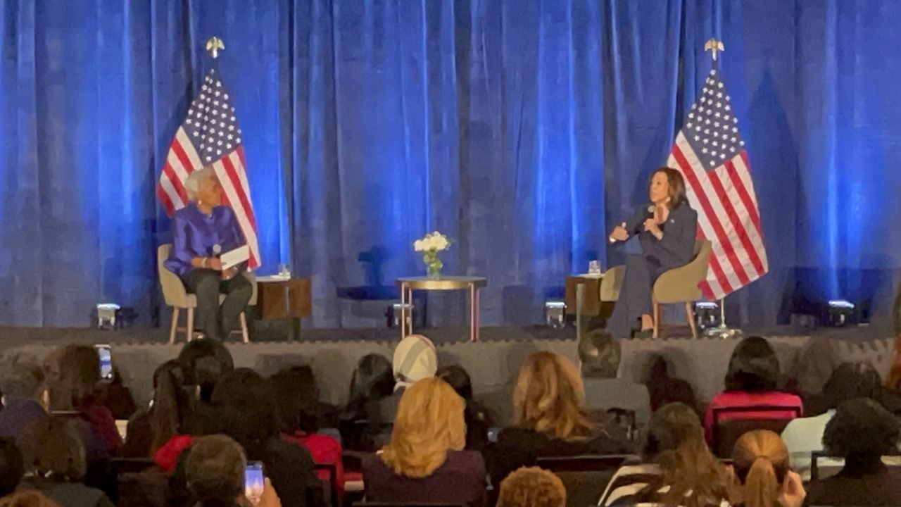 Vice President Kamala Harris takes stage during DNC meeting in St. Louis. (Spectrum News/Gregg Palermo)