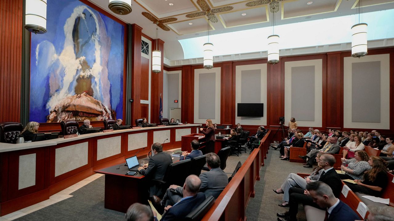 The Utah Supreme Court listens to oral arguments involving Utah's abortion trigger law, Tuesday, Aug. 8, 2023, in Salt Lake City. The state Supreme Court is weighing a lower court's decision to put a law banning most abortions on hold more than a year ago. (Francisco Kjolseth/The Salt Lake Tribune via AP, Pool)