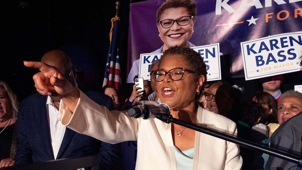 Rep. Karen Bass, D-Calif., speaks during her election night party Tuesday, June 7, 2022, in Los Angeles. (AP Photo/John McCoy, File)