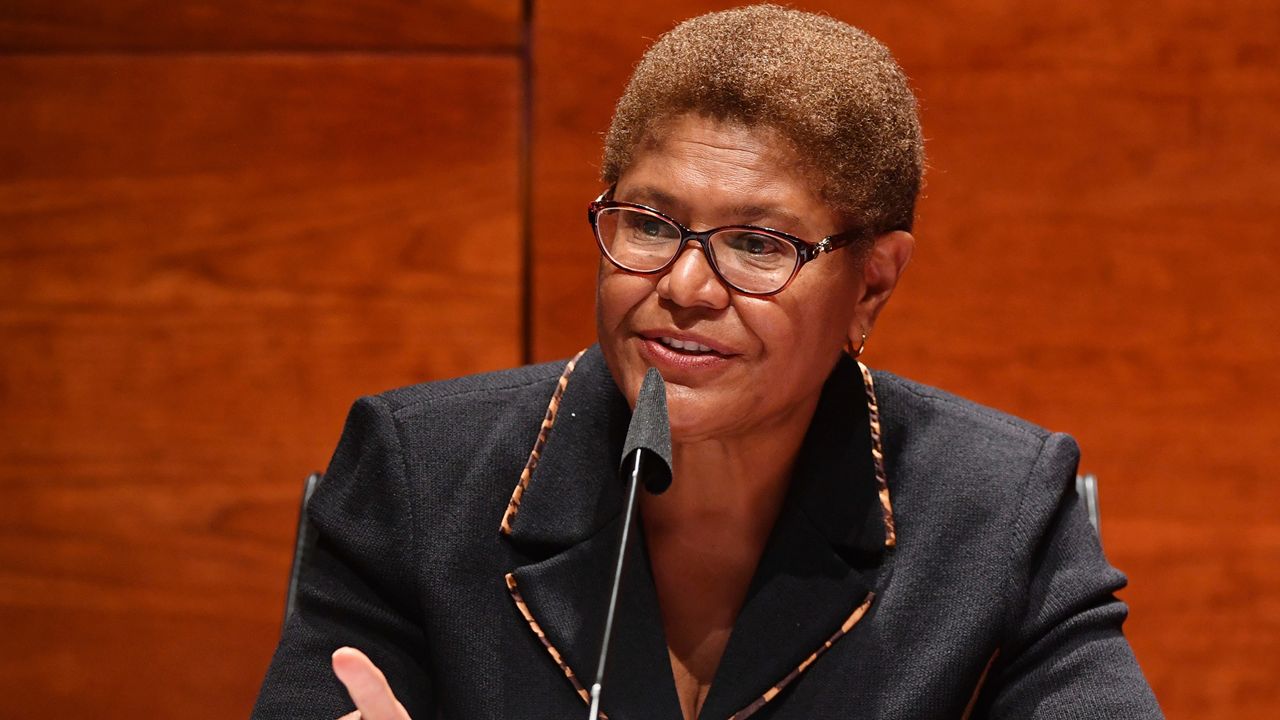 In this June 17, 2020, file photo, Rep. Karen Bass, D-Calif., speaks on Capitol Hill in Washington. Bass entered the 2022 race for Los Angeles mayor on Sept. 27, 2021. (Greg Nash/Pool Photo via AP)