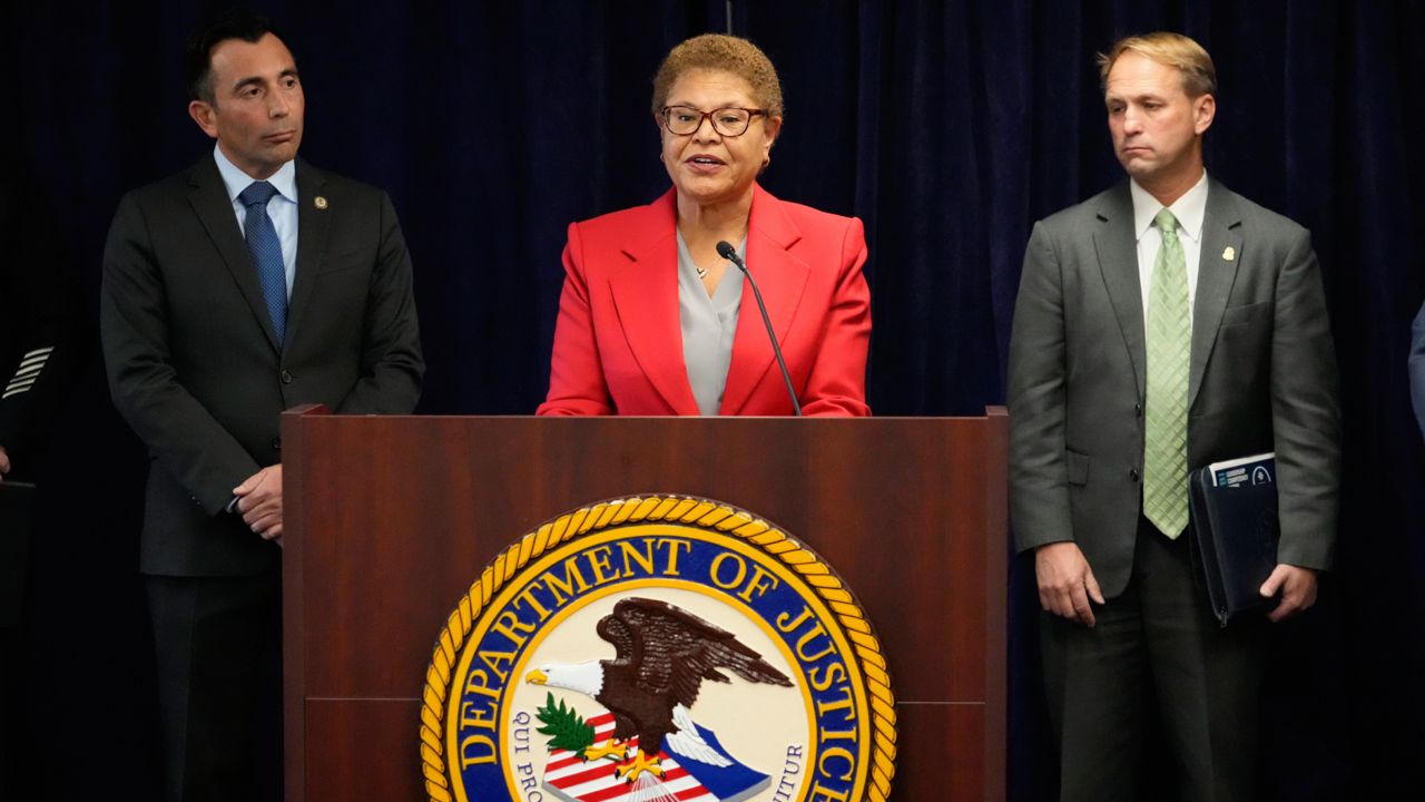 Los Angeles Mayor Karen Bass denounces anti-Semitism and hate crimes at a news conference at the U.S. Attorney's Office Central District of California offices in Los Angeles Friday, Feb. 17, 2023. (AP Photo/Damian Dovarganes)