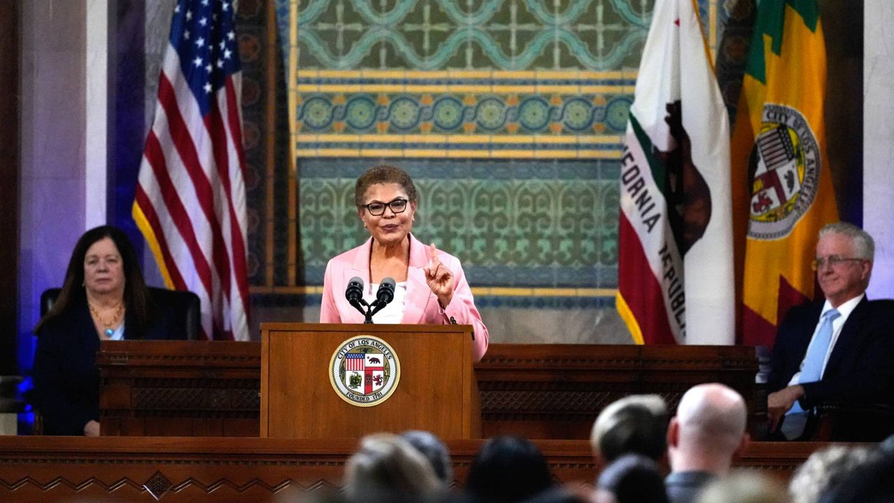 Los Angeles Mayor Karen Bass delivers the State of the City address from City Hall in LA on Monday. (AP Photo/Richard Vogel)