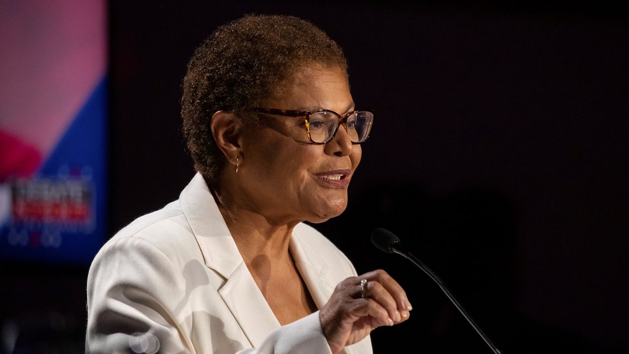Congresswoman Karen Bass speaks during the Los Angeles mayoral debate at the Skirball Cultural Center in Los Angeles, Wednesday, Sept. 21, 2022. (Myung J. Chun/Los Angeles Times via AP, Pool)