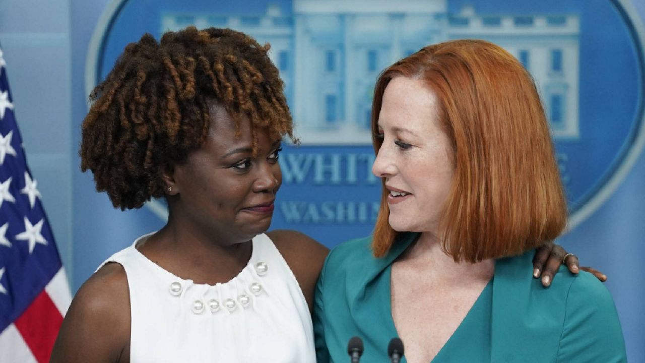 White House press secretary Jen Psaki introduces incoming press secretary Karine Jean-Pierre during a press briefing at the White House, Thursday, May 5, 2022, in Washington. (AP Photo/Evan Vucci)