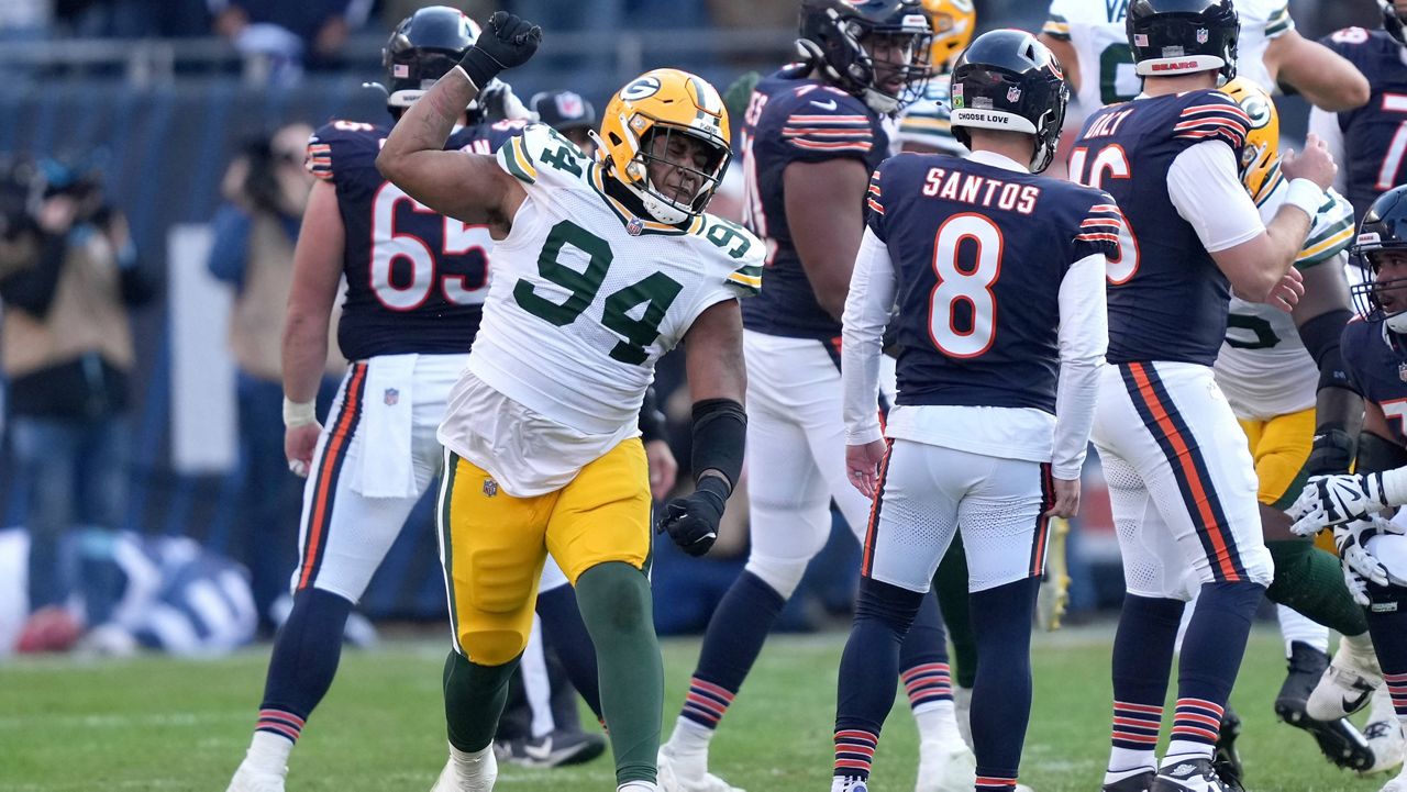 Green Bay Packers defensive end Karl Brooks (94) celebrates after blocking a winning field goal attempt by Chicago Bears