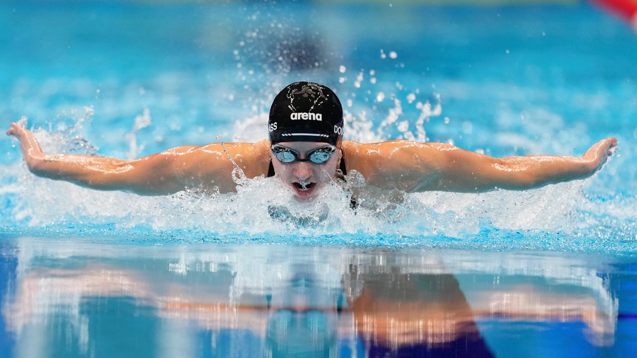 Kate Douglass swims during the women's 200 individual medley finals Saturday, June 22, 2024, at the U.S. Swimming Olympic Trials in Indianapolis. (AP Photo/Michael Conroy)