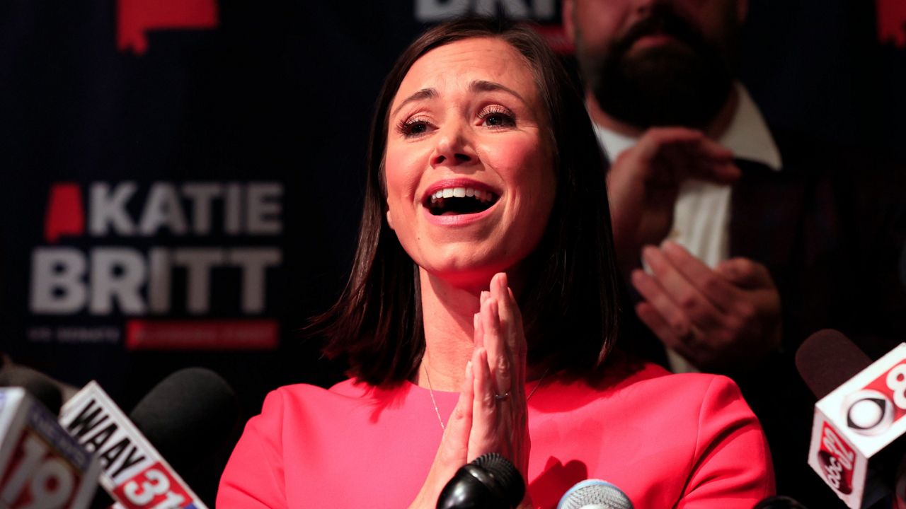 Republican U.S. Senate candidate Katie Britt talks to supporters during her primary watch party on May 24 in Montgomery, Ala. (Photo/Butch Dill)