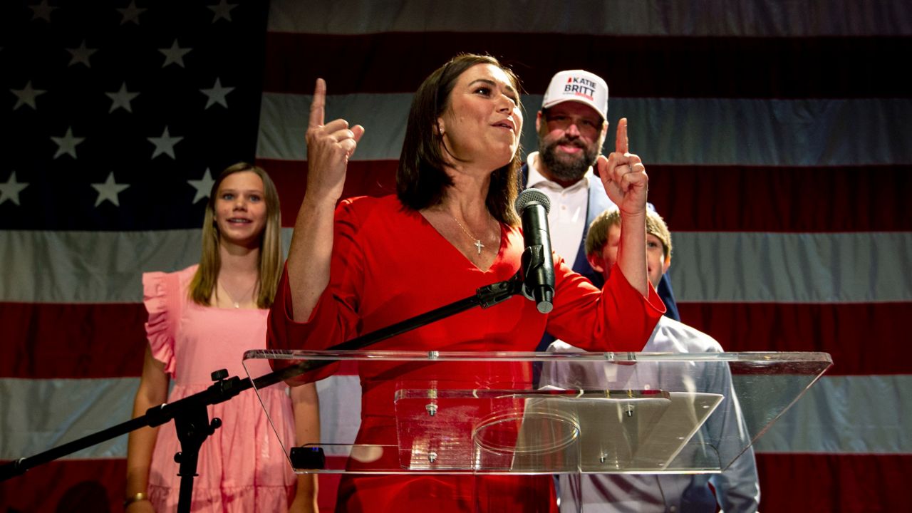 Republican U.S. Senate candidate Katie Britt speaks Tuesday to supporters in Montgomery, Ala., after securing the nomination during a runoff against Mo Brooks. (AP Photo/Butch Dill)