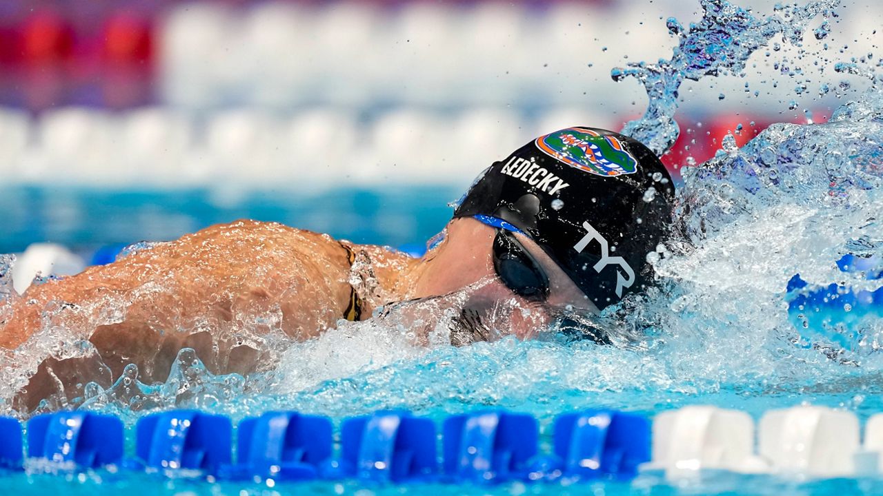 Katie Ledecky swims during the women's 800 freestyle finals Saturday, June 22, 2024, at the U.S. Swimming Olympic Trials in Indianapolis. (AP Photo/Michael Conroy)