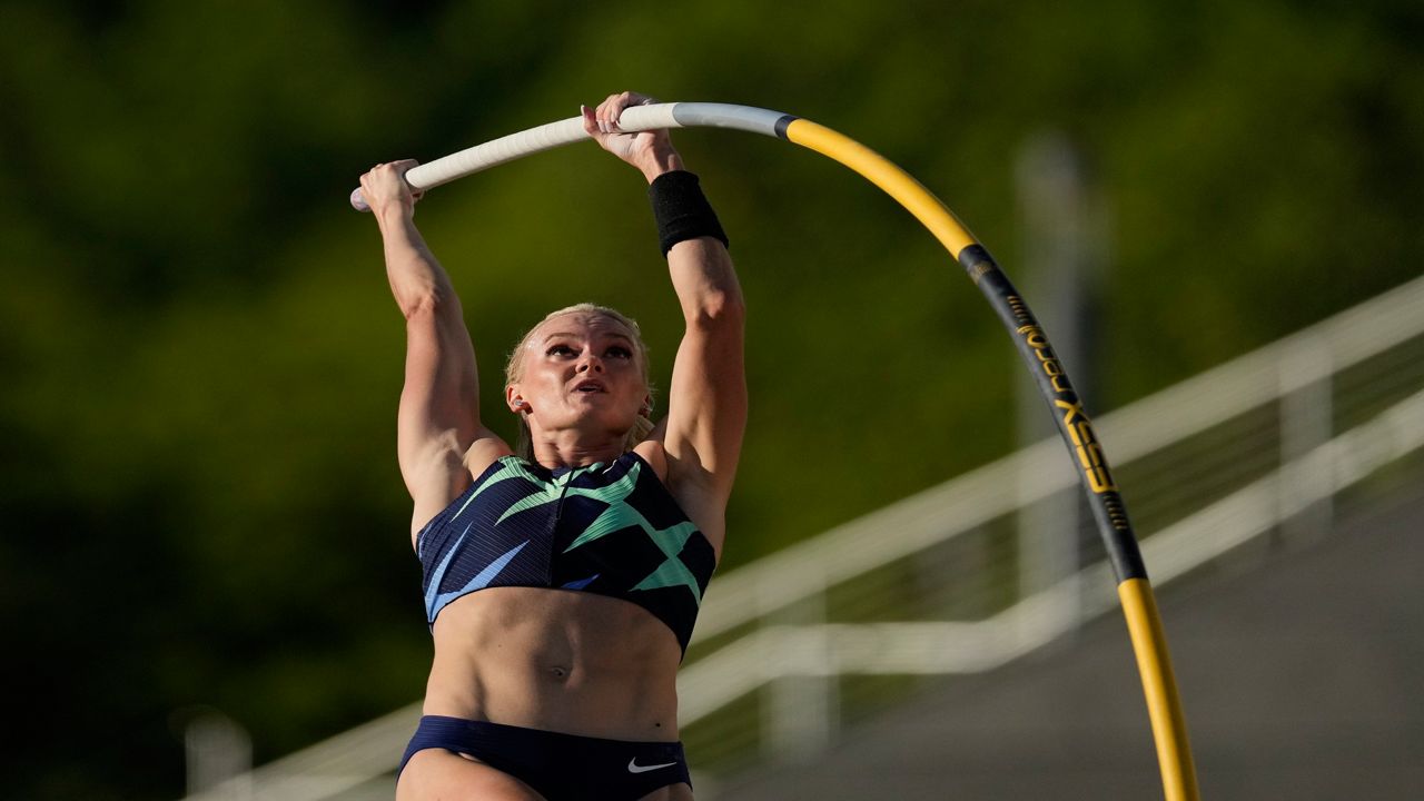 Katie Nageotte competes during the finals of the women's pole vault at the U.S. Olympic Track and Field Trials. (AP Photo/Ashley Landis)