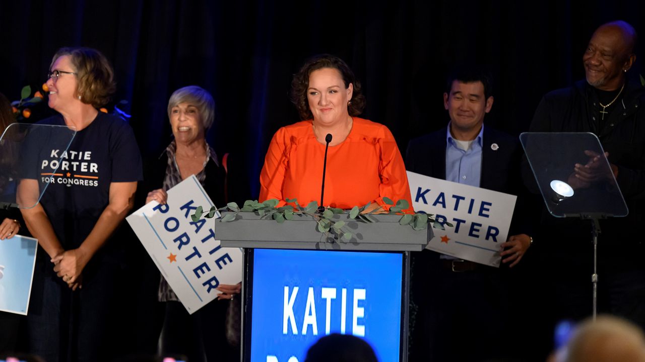 Rep. Katie Porter attends an election night watch party in Costa Mesa, Calif., Tuesday, Nov. 8, 2022. Porter is running for re-election in the new 47th Congressional District. (Mindy Schauer/The Orange County Register via AP)