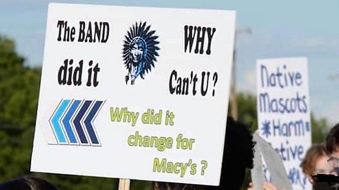 A demonstration protesting the Keller High School Indians mascot