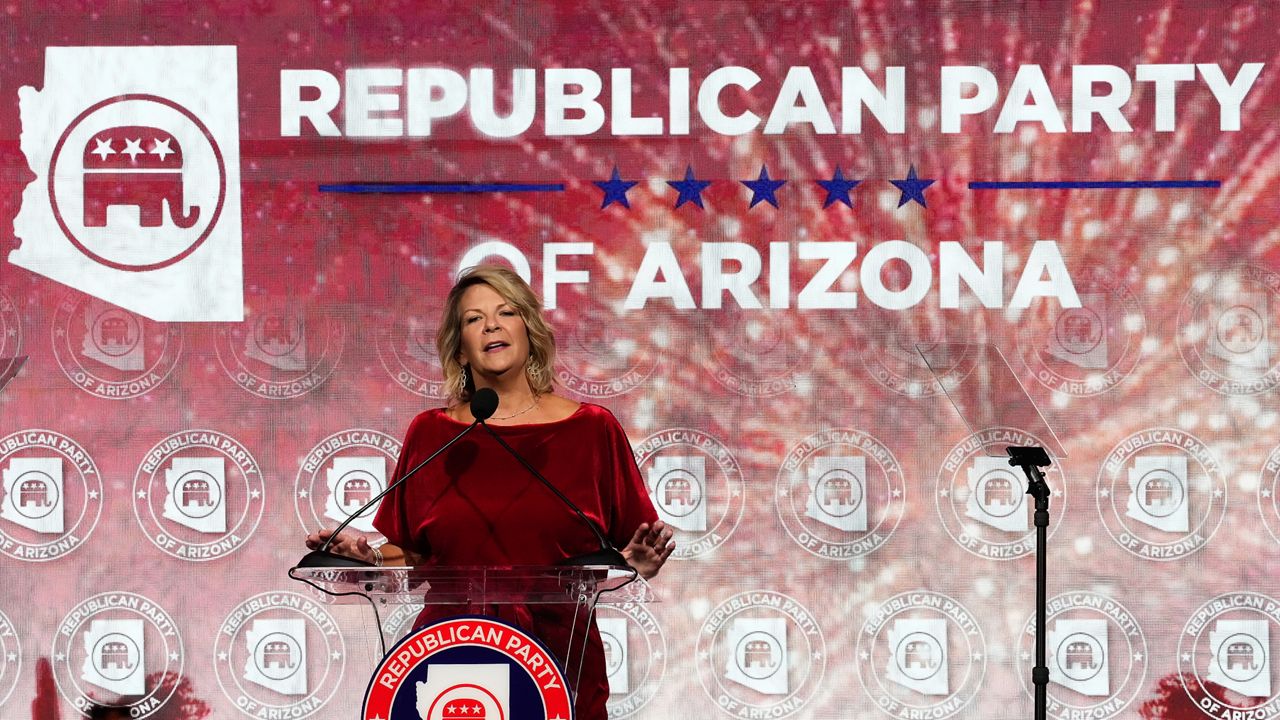 Arizona GOP Chairwoman Dr. Kelli Ward speaks at the Republican watch party in Scottsdale, Ariz., Tuesday, Nov. 8, 2022. (AP Photo/Ross D. Franklin)