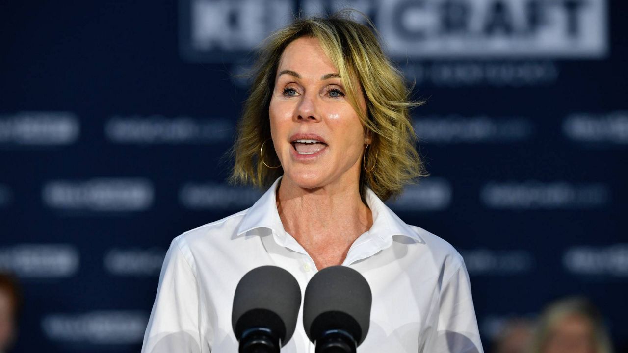 Kelly Craft, former U.S. Ambassador to the United Nations, stands on the steps of the Barren County Courthouse to announce her candidacy for Kentucky governor in Glasgow, Ky., Tuesday, Sept. 13, 2022. (AP Photo/Timothy D. Easley)