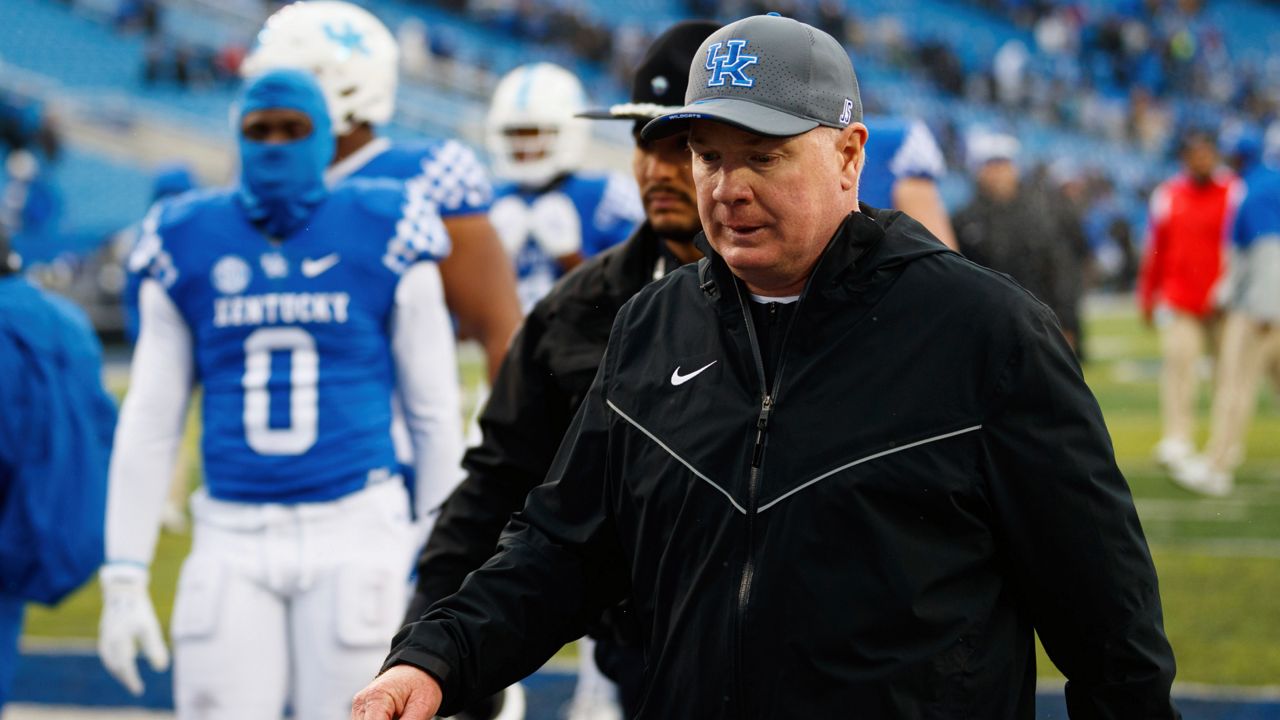 Kentucky head coach Mark Stoops walks off the field after losing to Vanderbilt in an NCAA college football game in Lexington, Ky., Saturday, Nov. 12, 2022. (AP Photo/Michael Clubb)