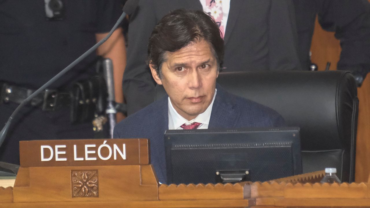 Los Angeles City Council member Kevin de León sits in chamber during the City Council meeting on Dec. 13. (AP Photo/Ringo H.W. Chiu)