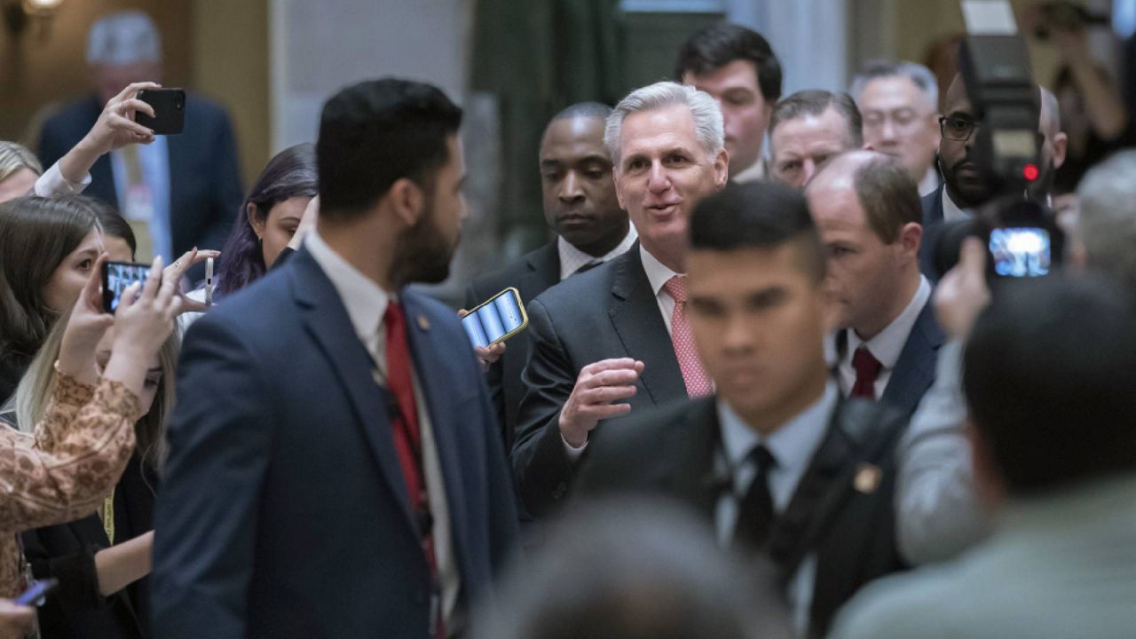 Rep. Kevin McCarthy, R-Calif., walks to the chamber as he struggles with lawmakers in his own party to elect him as the speaker of the House, at the Capitol in Washington, Thursday, Jan. 5, 2023. (AP Photo/J. Scott Applewhite)