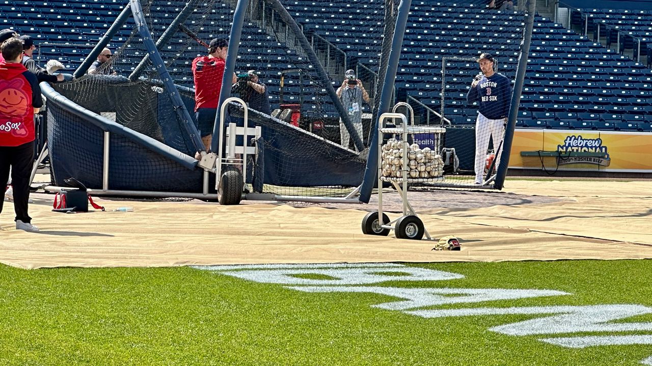 Roman Anthony taking batting practice at Polar Park recently (Spectrum News1/Kevin Shea)