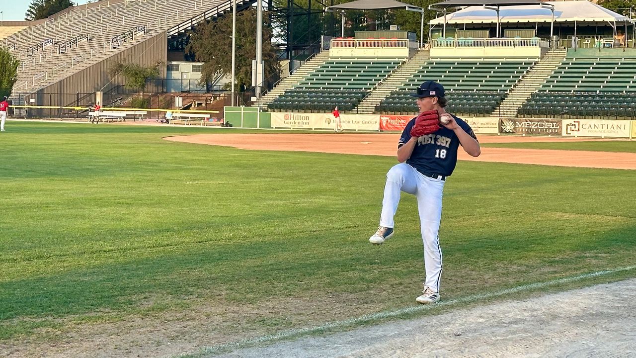 Shrewsbury Post 397's Brayden Mercier warms up before a recent game at Fitton Field (Spectrum News1/Kevin Shea)