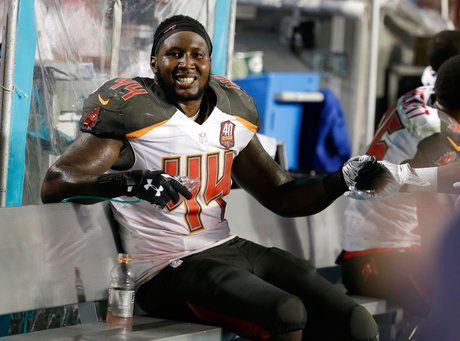 Tampa Bay Buccaneers linebacker Khaseem Greene (44) sits on the sidelines after an interception during the first half of an NFL preseason football game against the Miami Dolphins (AP Photo/Lynne Sladky, File)