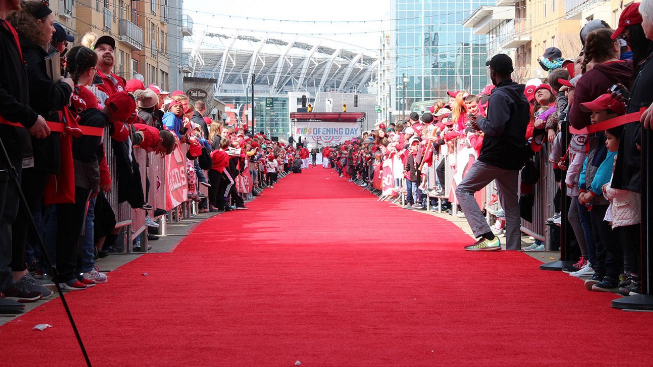 The annual Kids Opening Day at Great American Ball Park features a red carpet for players, mascots and other fan favorites.  This image is from 2018. (Photo courtesy of The Cincinnati Reds)