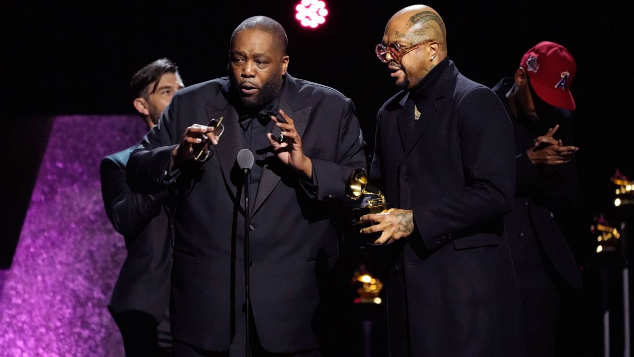 Killer Mike, left, and DJ Paul accepts the award for best rap performance for "Scientists & Engineers" during the 66th annual Grammy Awards on Sunday in Los Angeles. (AP Photo/Chris Pizzello)