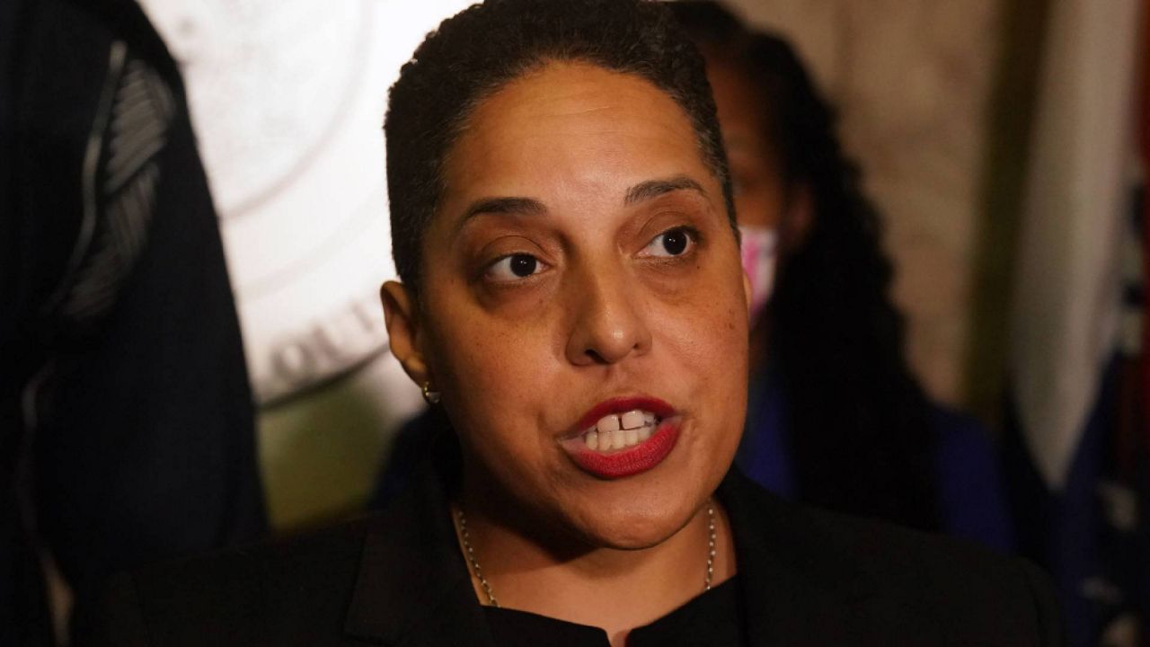 St. Louis Circuit Attorney Kim Gardner talks to reporters at a February 23, 2023 news conference responding to Missouri Attorney General Andrew Bailey's legal proceeding to seek her removal from office. (UPI Photo/Bill Greenblatt)