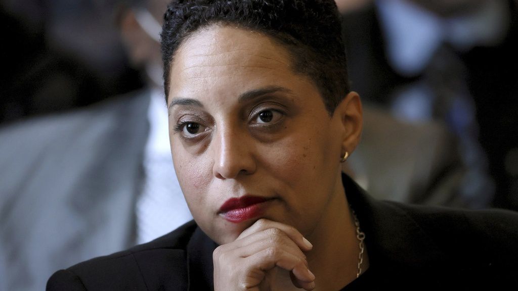 St. Louis Circuit Attorney Kim Gardner sits behind her attorneys in a St. Louis courtroom on Tuesday, April 18, 2023, in the first hearing of a lawsuit by Missouri Attorney General Andrew Bailey seeking to remove Gardner from office. (David Carson/St. Louis Post-Dispatch via AP, Pool)