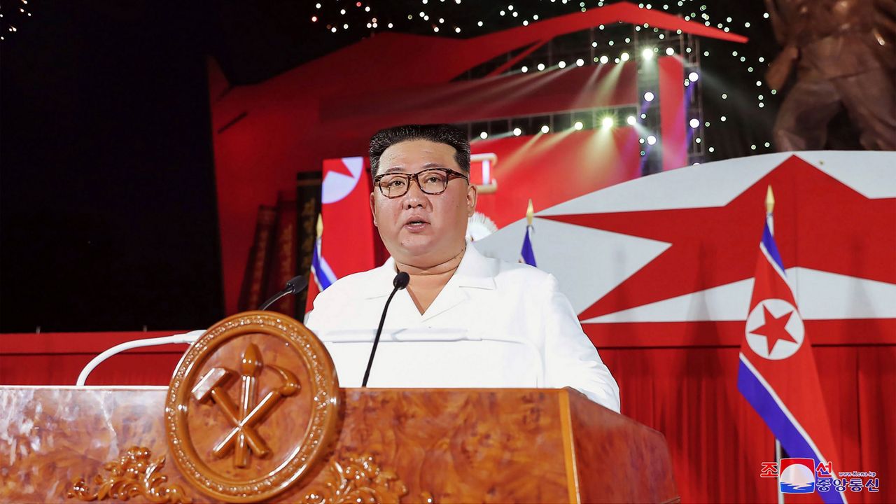 Kim Jong Un delivers his speech during a ceremony to mark the 69th anniversary of the signing of the ceasefire armistice that ended the fighting in the Korean War. (Korean Central News Agency/Korea News Service via AP)